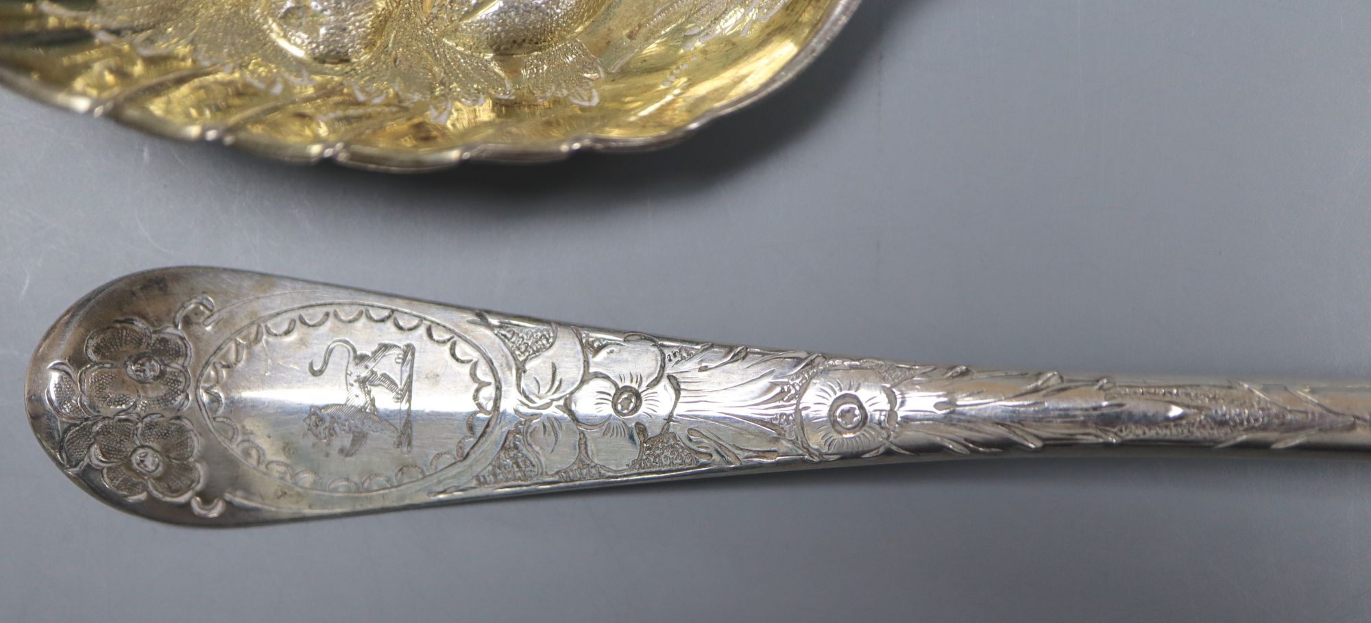 A pair of early George III Scottish silver Hanovarian pattern berry spoons, John Clark, Edinburgh, 1760, 21.5cm, 149 grams.
